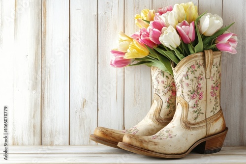 Cowboy boots filled with tulips against a white wood background  A bouquet of pastel tulips, 