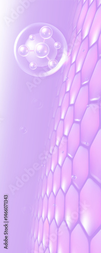 Hyaluronic acid and Niacinamide skin solutions ad. purple collagen serum drops into skin cells with cosmetic advertising background ready to use, illustration vector.	