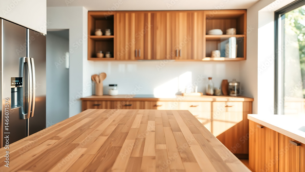 Fototapeta premium Modern Eco-Friendly Kitchen Interior: Sleek Design with Wood Cabinetry & Stainless Steel Appliances