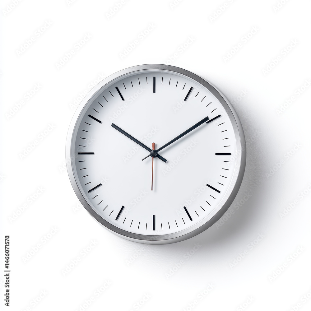 Modern round white wall clock with silver frame and black hands, professional studio shot against bright white background Modern round white wall clock with silver frame and black hands, professional studio shot against bright white background