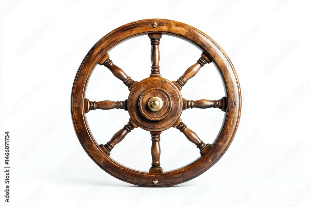 Obraz premium Isolated wooden ship wheel with brass center on a white background