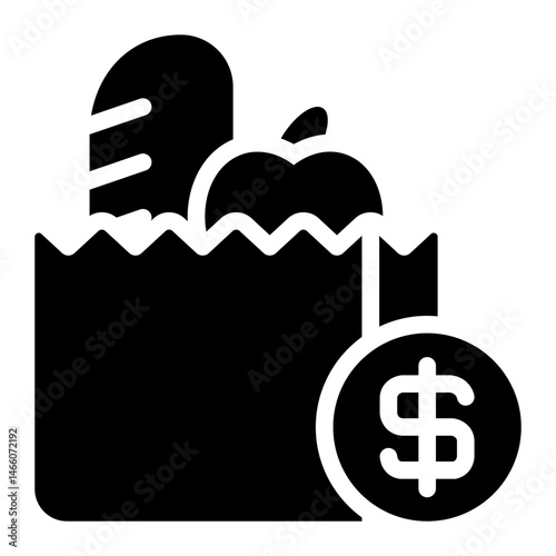 food bag glyph icon with grocery spending budget note