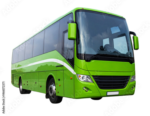 A green coach bus with large windows and a modern design.
