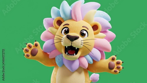 Cheerful cartoon lion character with a colorful mane waving on solid green background design
