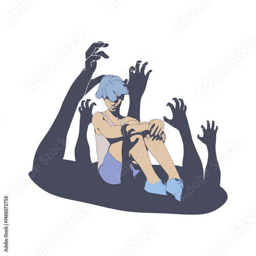 Social concept of sexual assault , domestic violence and harassment. Male hands reaching out to a sitting woman