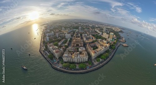 Panoramic aerial view of a coastal city at sunset