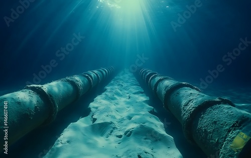Sunlight filters through clear water onto seabed with pipelines stretching into the distance
