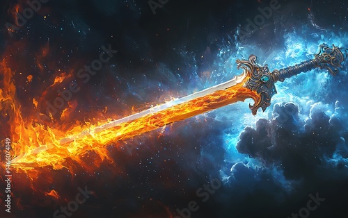 Sword of fire and ice divides a stormy sky, embodying duality and elemental contrast