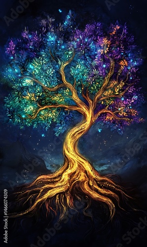 A mystic tree blossoms with vibrant leaves and glowing roots against a dark night
