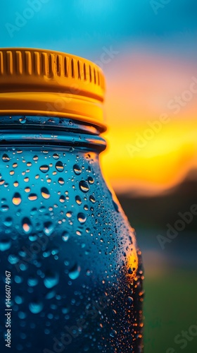 Closeup of Condensation on a Blue Glass Water Bottle at Sunset
