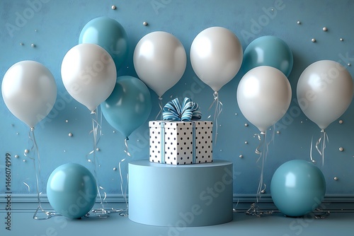 Festive scene featuring gift box balloons and decorations against a light blue backdrop