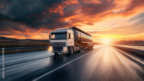 Fototapeta Naklejka Na Ścianę i Meble -  A semi-truck drives on a wet road at sunset with vibrant sky.