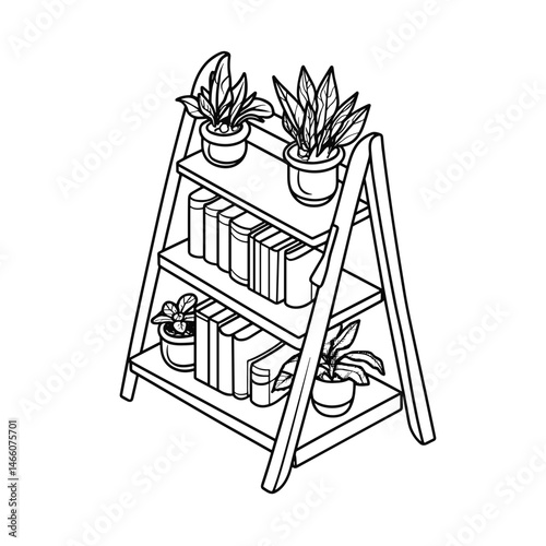 Isometric illustration of a stylish bookshelf with plants and books in a modern design