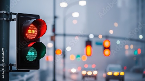 Urban traffic light showing both red and green signals simultaneously on a misty city street, illustrating confusion, traffic control, and urban infrastructure design themes

