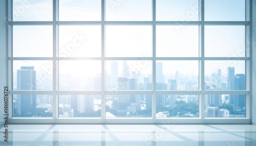 A bright and modern window view showcasing a city skyline, blending natural light with urban architecture