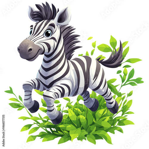 A Cartoon Zebra Running Through Tall Grass Isolated on Transparent Background