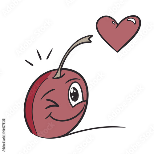 Cartoon plum winking and expressing love with heart  