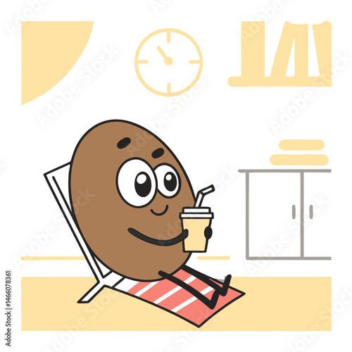 Cartoon sapodilla relaxing with a milkshake in a cozy room  