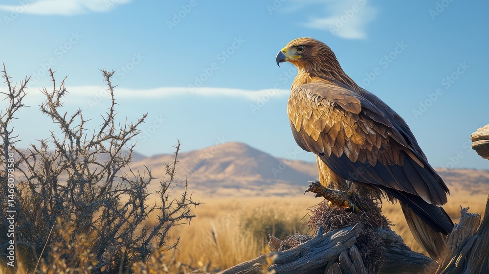 Fototapeta premium Golden eagle perched on a driftwood log in a desert landscape under a clear sky