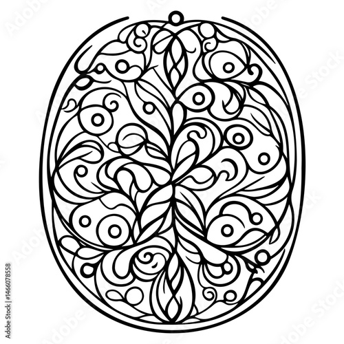 Elegant symmetrical filigree design in a locket style, black lines on white backdrop