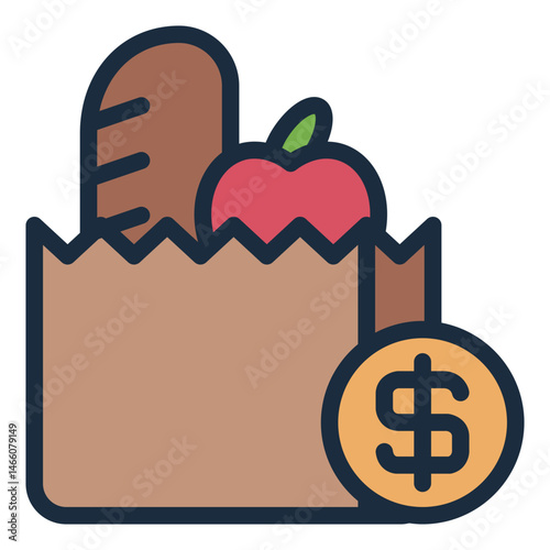 food bag filled line icon with grocery spending budget note