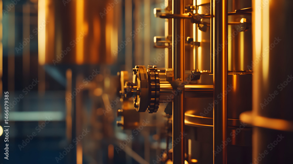 Obraz premium Industrial brewery equipment with copper pipes and tanks in a manufacturing setting.