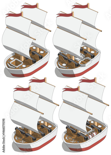 Set of military sailing ships. Isometric. Isolated on white background. Vector illustration.