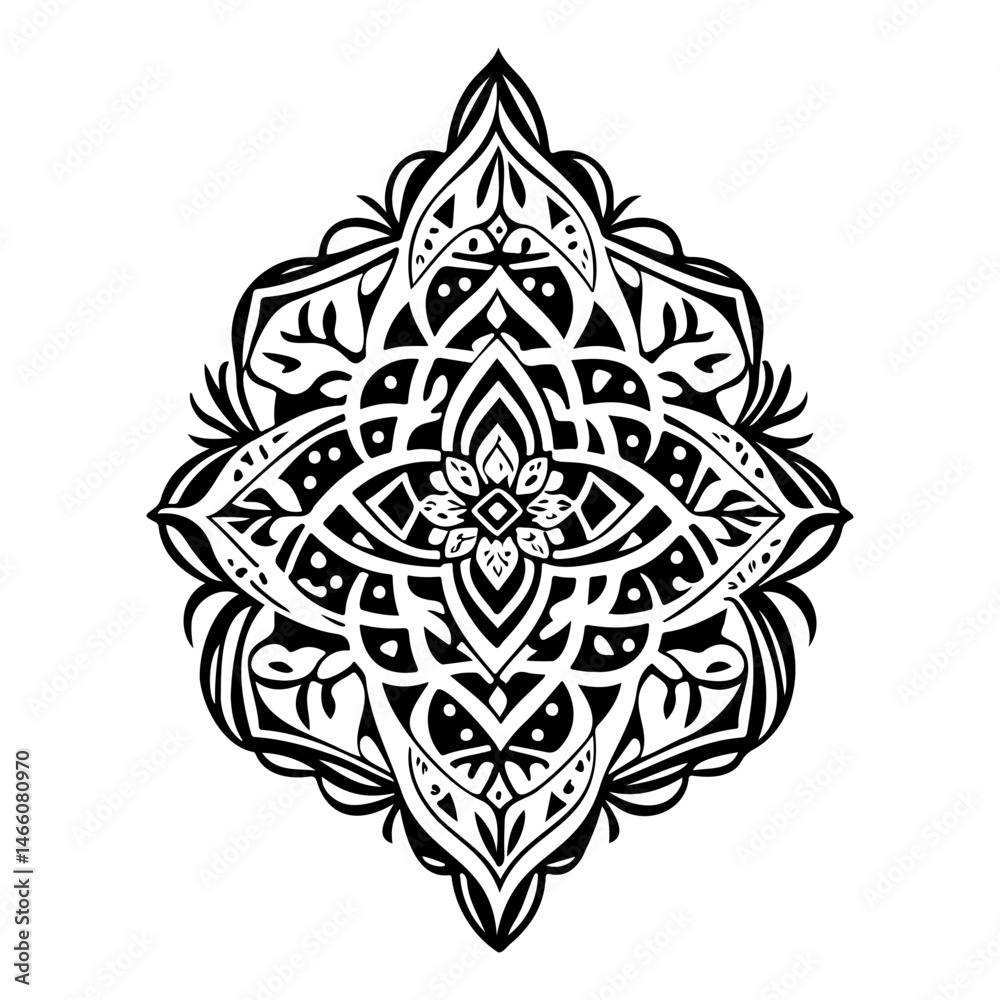 Ornate symmetrical motif design with detailed floral elements in black and white Ornate symmetrical motif design with detailed floral elements in black and white