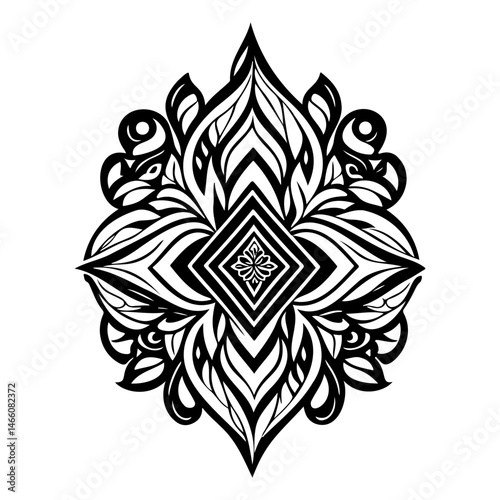 Detailed ornamental black and white design with central geometric symmetry