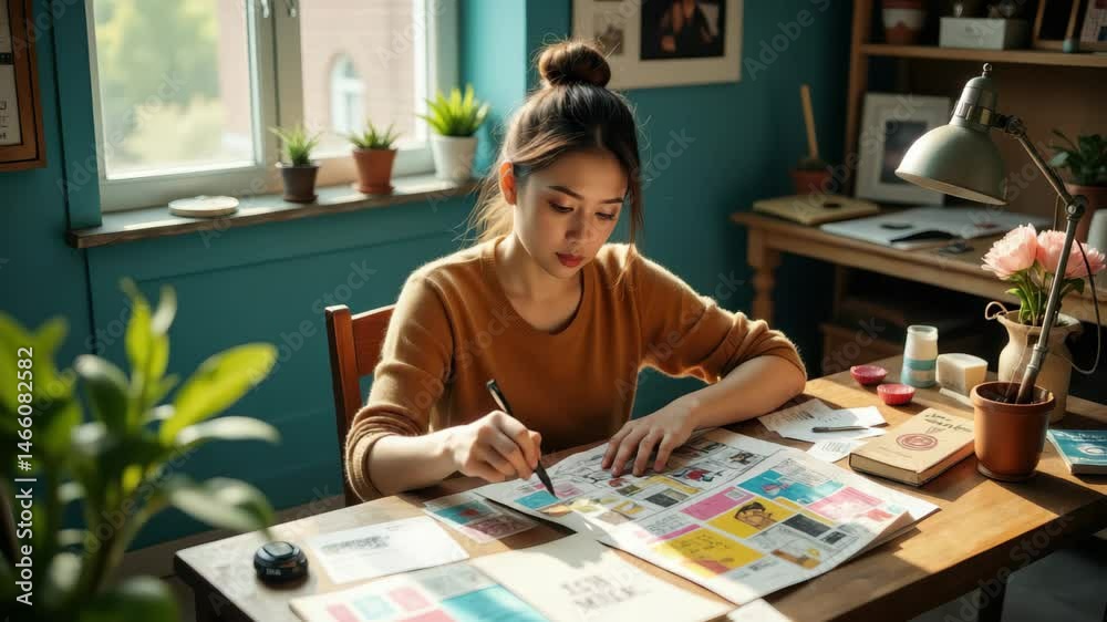 A young woman is focused on her drawing as she creates colorful designs in a well-lit, cozy room surrounded by plants
