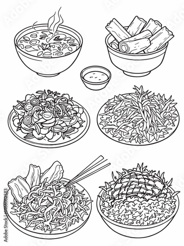 3D Vietnamese Traditional Foods line art hand drawn.eps