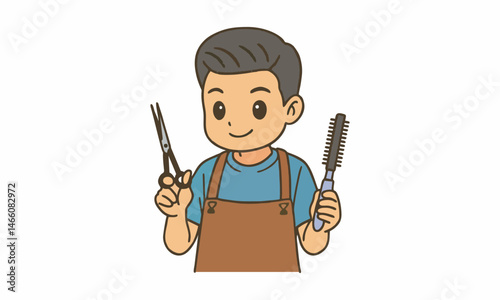 cute man barber masculine holding comb and scissors cartoon illustration