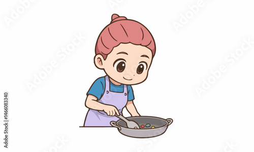 cute woman cooking food cartoon illustration