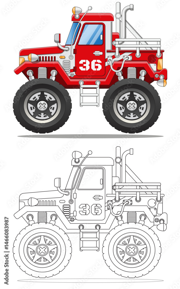Naklejka premium Funny monster truck. Coloring. Side view. Isolated on white background. Vector illustration.