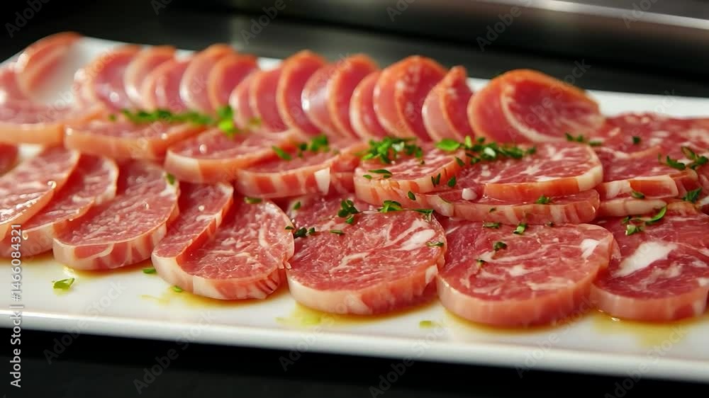 Delicious Sliced Salami on a White Platter Delicious Sliced Salami on a White Platter
