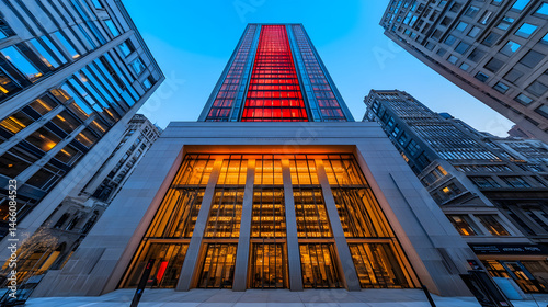 City Skyline: Capturing the grandeur of modern architecture with an upward perspective, a striking skyscraper stands tall amidst other buildings, illuminated in a captivating display of light.