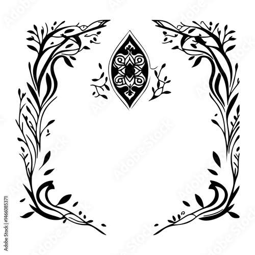 Elegant botanical frame with central ornamental motif creates sophisticated border