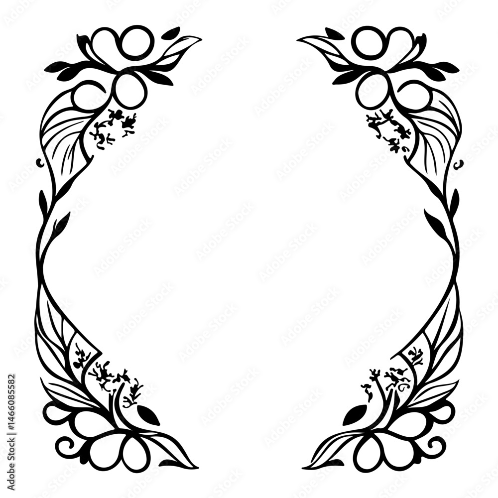 Elegant botanical frame element, symmetrical design with intertwining floral motifs Elegant botanical frame element, symmetrical design with intertwining floral motifs