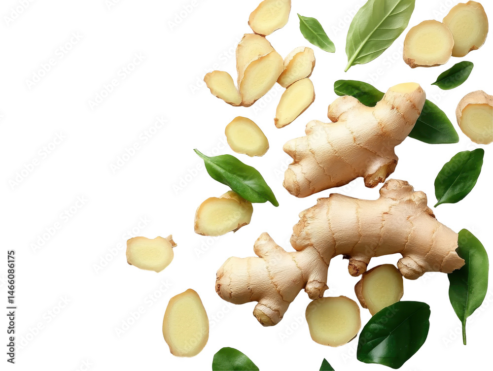 Fototapeta premium Fresh Ginger Root with Slices and Green Leaves on a Dark Background for Culinary Use on transparent background