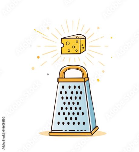 Cartoon Cheese Grater with Chunk of Swiss Cheese and Radiating Flavor Lines


