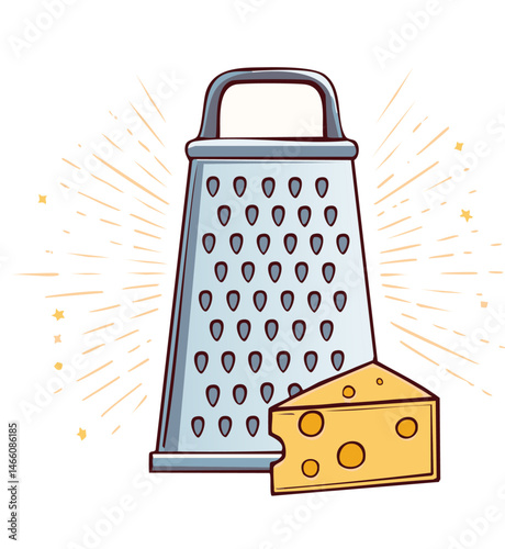 Cartoon Cheese Grater with Chunk of Swiss Cheese and Radiating Flavor Lines

