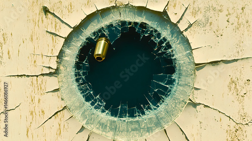 Bullet Hole in Glass: A close-up shot reveals a bullet hole in a pane of glass, the shattered fragments radiating outwards from the impact point. A spent bullet casing rests nearby.