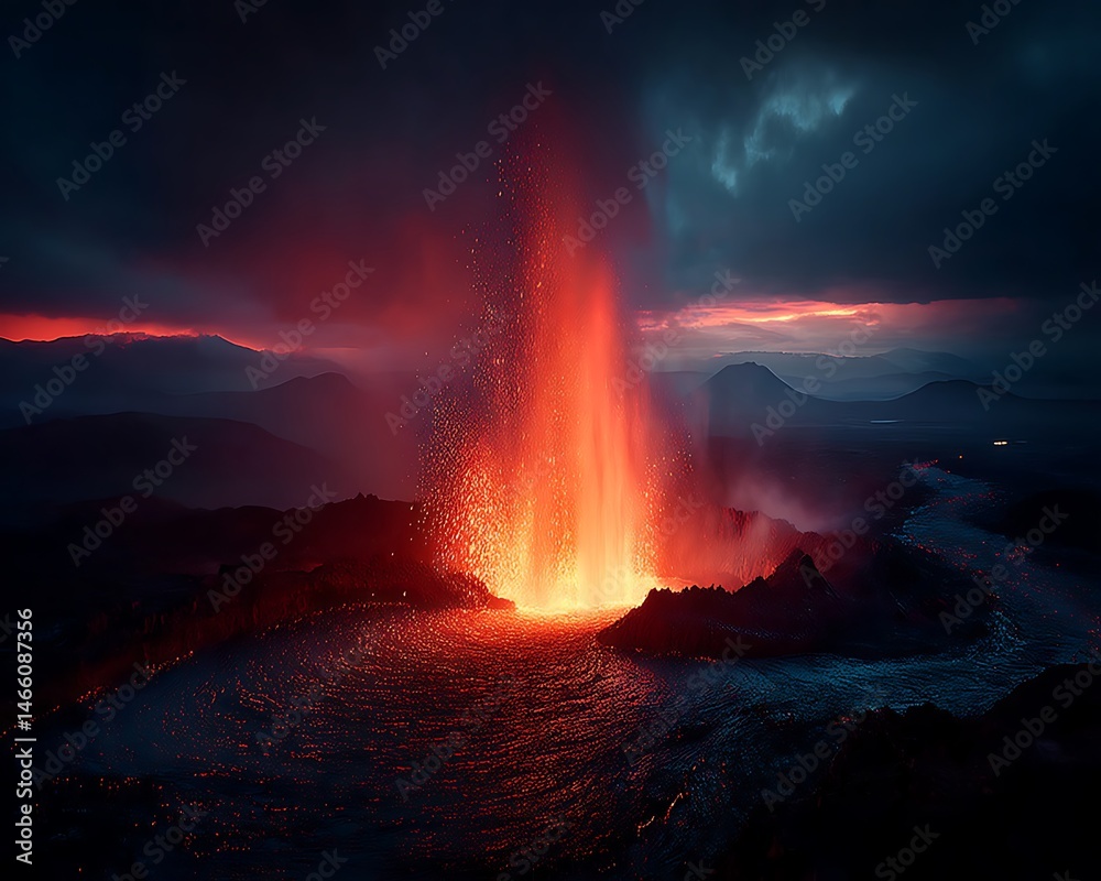 Volcanic Eruption at Dusk Over Mountains Volcanic Eruption at Dusk Over Mountains