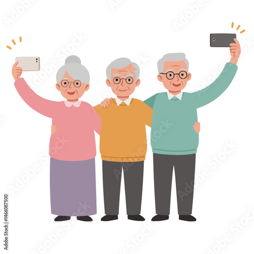 Elderly friends taking selfies - cheerful senior friends enthusiastically taking selfies, their faces glowing with happiness and genuine emotions, atmosphere of warm communication and active aging.
