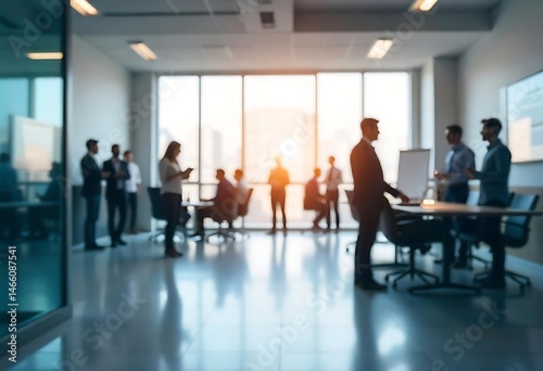 Generative AI The future of teamwork A modern office scene with blurred silhouettes