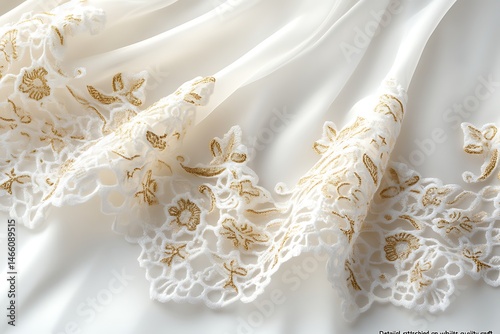 Intricate gold embroidery adorns a creamy white fabric, delicately folded in soft ripples, casting subtle shadows