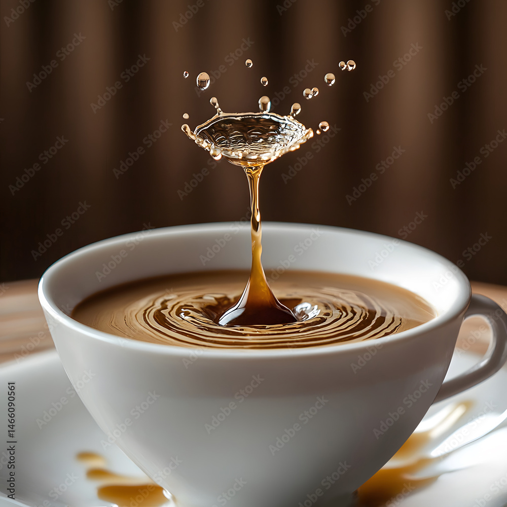 Macro view of water droplet falling into cup of dark coffee, captured at moment impact with rich splash pattern and smooth ripple detail in calm morning cafe setting