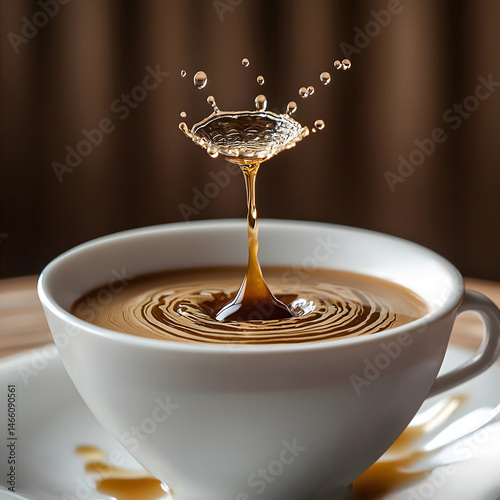 Obraz na płótnie Macro view of water droplet falling into cup of dark coffee, captured at moment impact with rich splash pattern and smooth ripple detail in calm morning cafe setting w salonie