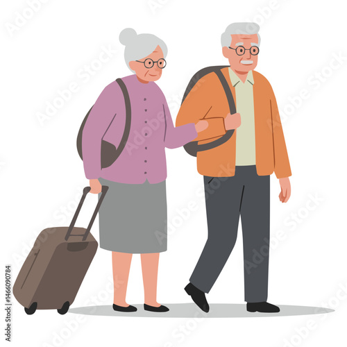 Elderly couple traveling abroad - silver-haired pair with suitcases exploring European streets, their faces lit with joy of discovery and warmth of companionship.