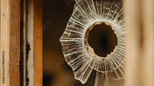  Shattered Vision: A stark image of a glass window shattered by impact, the broken fragments radiating outward, a symbol of destruction, violence, and a sense of disruption, shot in high detail.